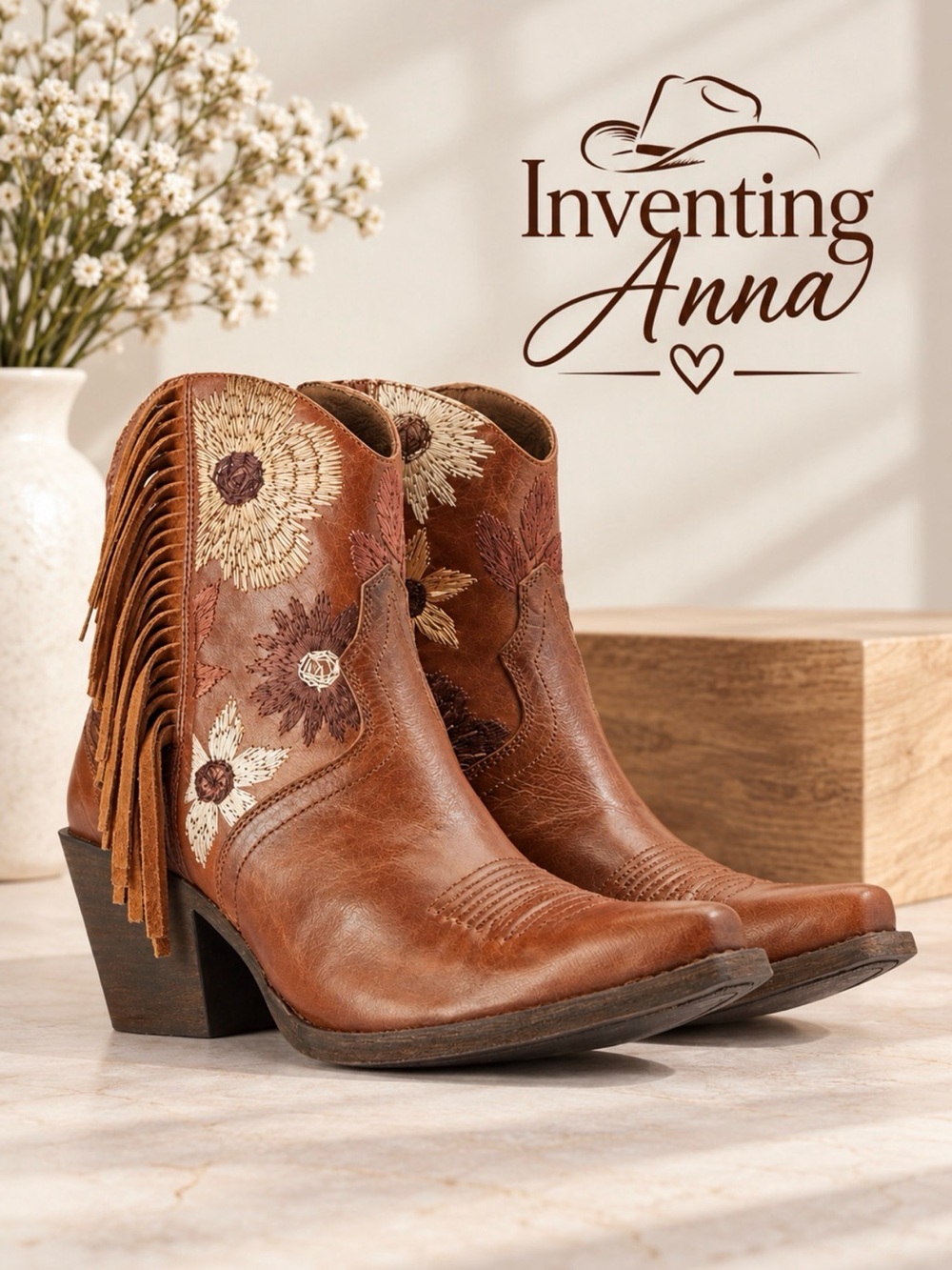 Ariat Brown Leather Floral Embroidered Fringe Western Ankle Boots size 7.5